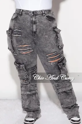 Perfect Length Timeless Wear Final Sale Plus Size Cargo Distressed Pants in Black Wash Denim