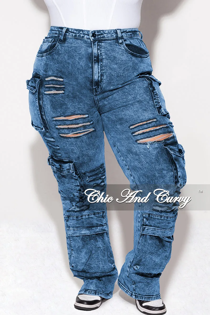 Comfort for All TearResistantMaterial Final Sale Plus Size Cargo Distressed Pants in Blue Wash Denim