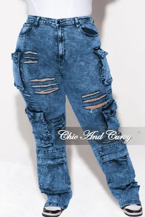 Final Sale Plus Size Cargo Distressed Pants in Blue Wash Denim Tough Flex Cool Weather