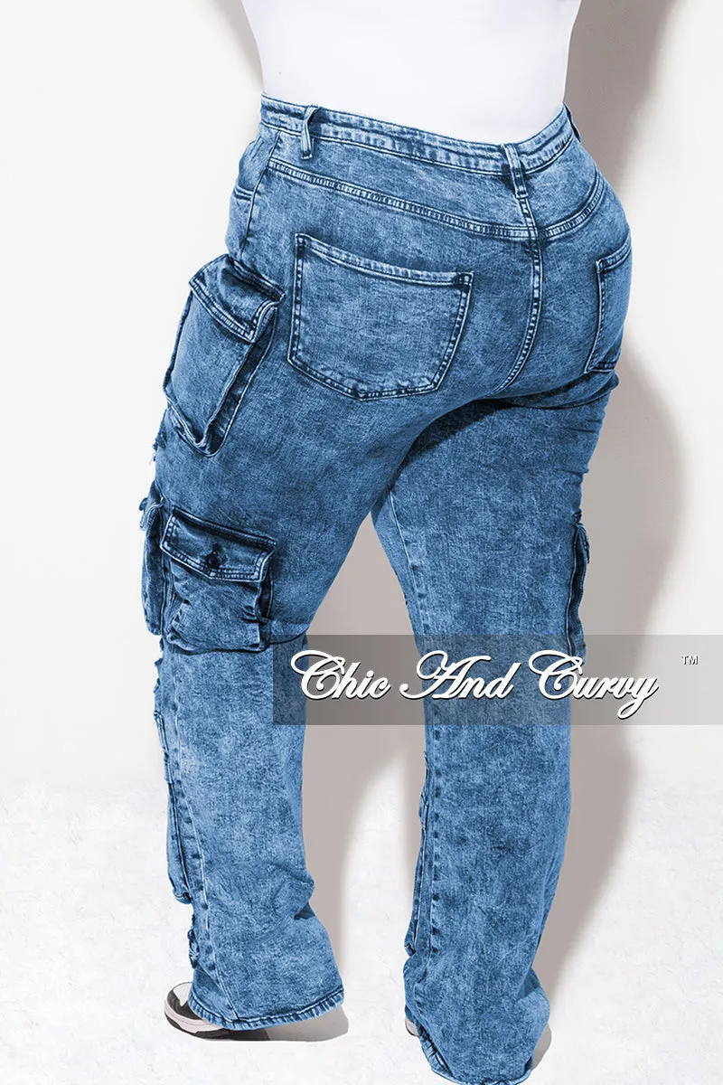 Final Sale Plus Size Cargo Distressed Pants in Blue Wash Denim Movement Comfort