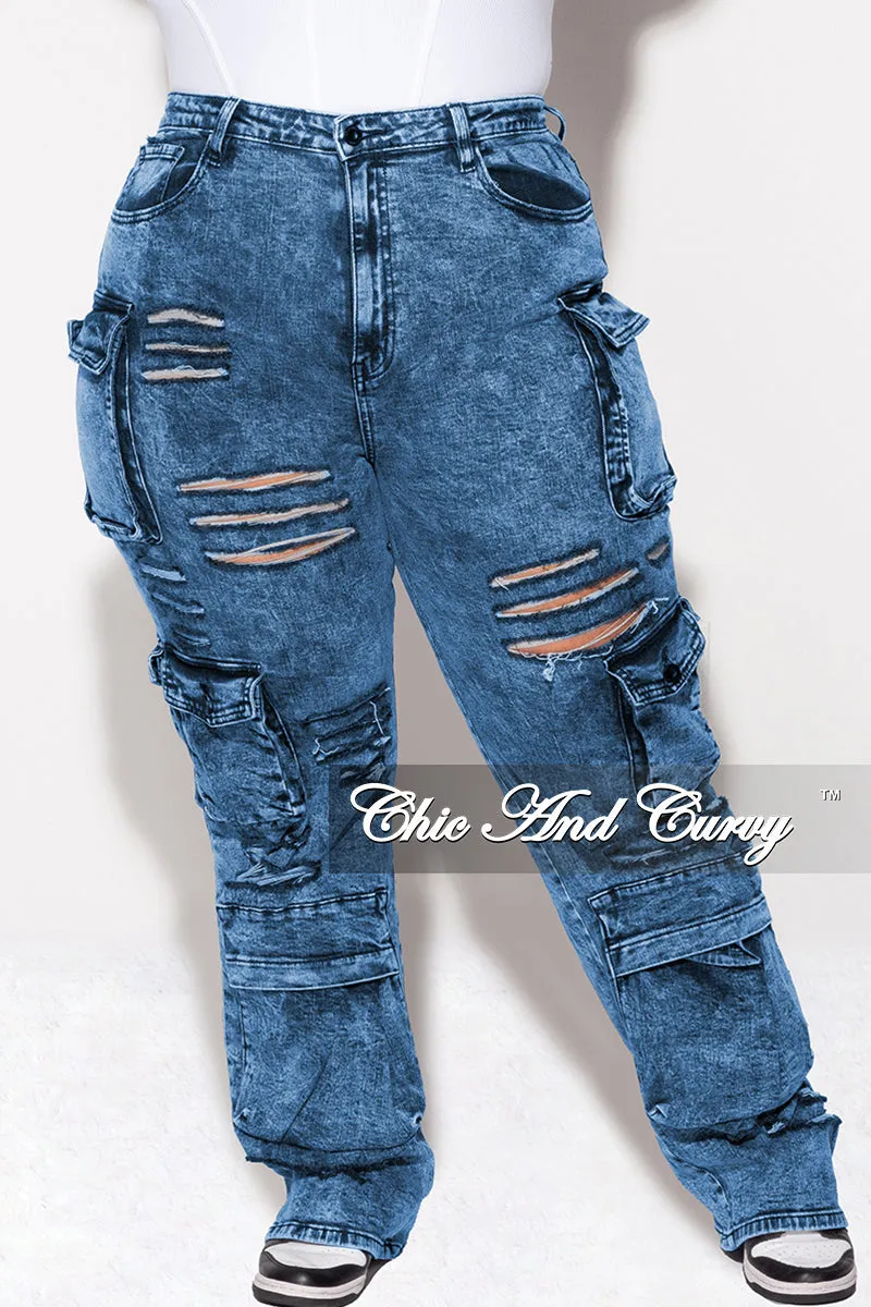 Flexible Look Final Sale Plus Size Cargo Distressed Pants in Blue Wash Denim