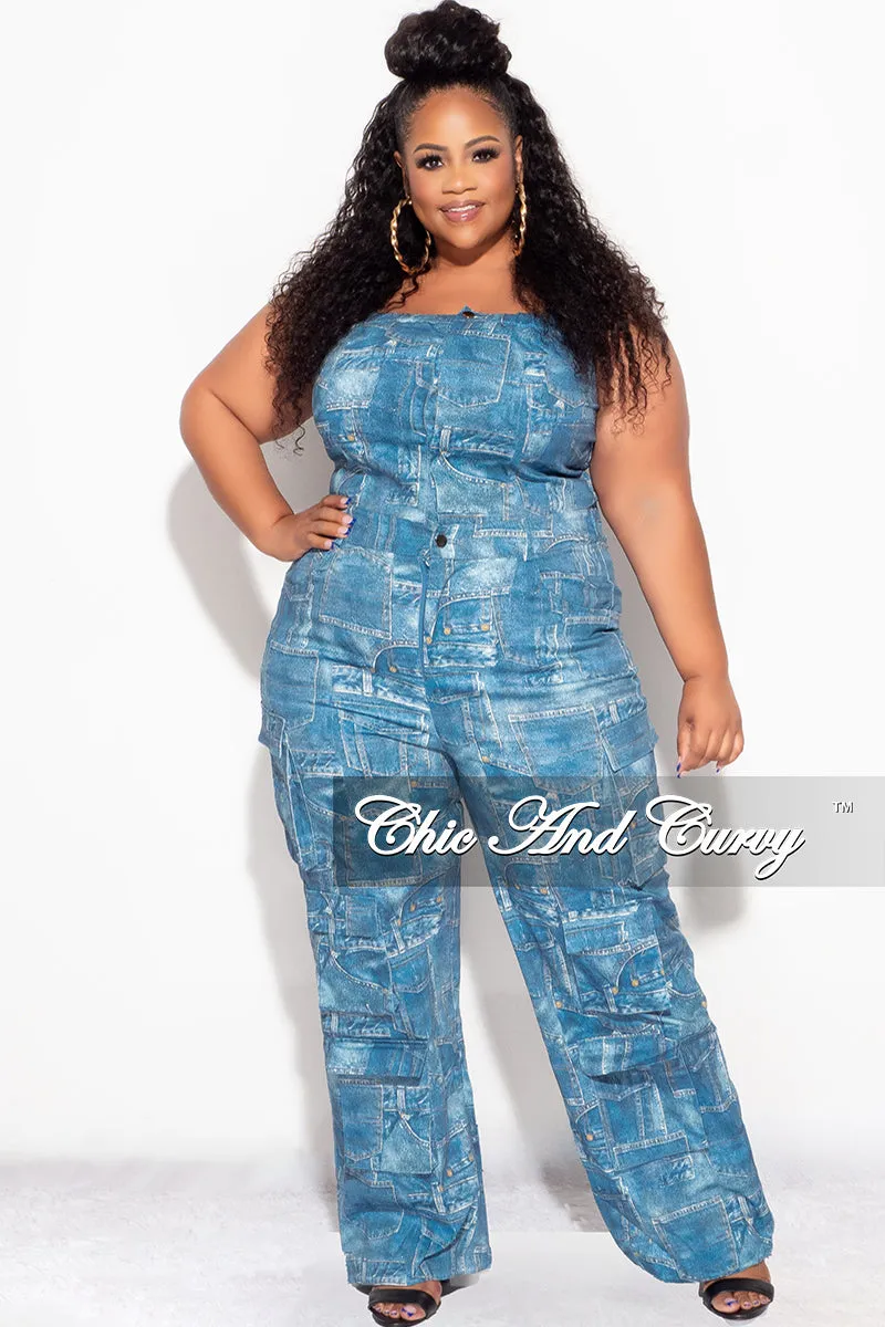 Functional Design Final Sale Plus Size Cargo Jumpsuit in Denim