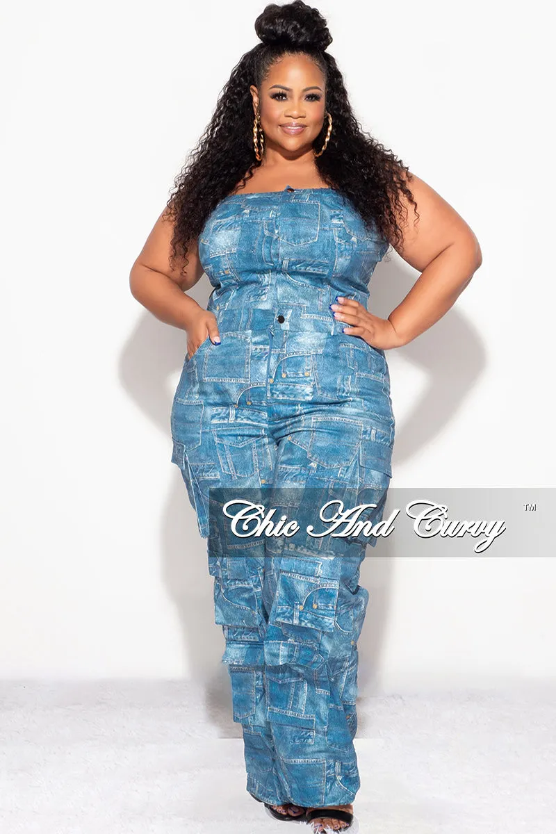 Flexible Gusset Design Final Sale Plus Size Cargo Jumpsuit in Denim
