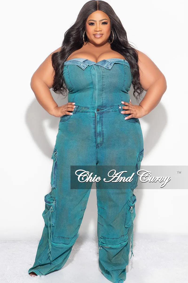 Final Sale Plus Size Cargo Jumpsuit in Washed Teal Secure fit Chilly Weather Wear