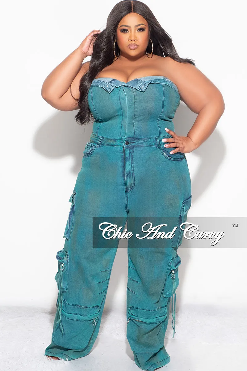 Final Sale Plus Size Cargo Jumpsuit in Washed Teal Comfort Control All terrain