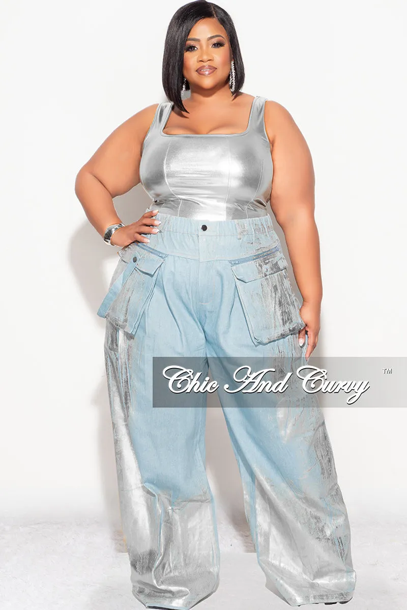 Cropped hem Final Sale Plus Size Cargo Pants in Denim Silver Foil