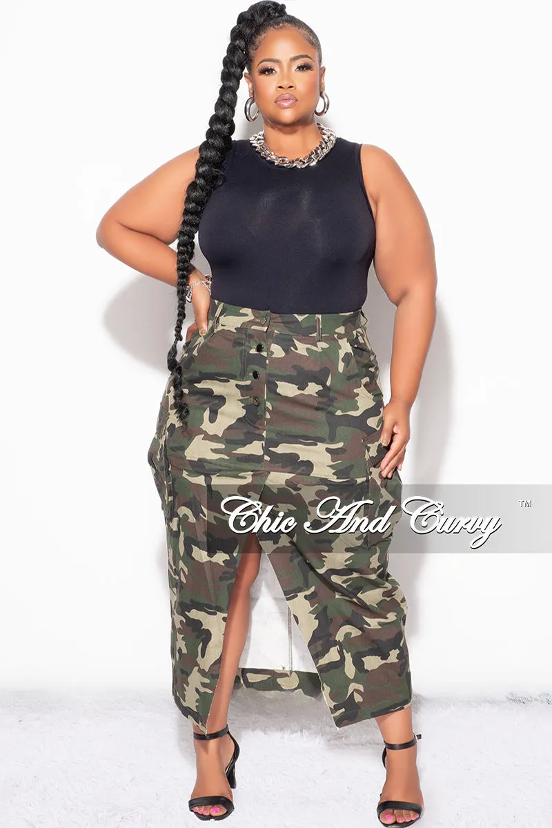 Final Sale Plus Size Cargo Skirt with Front Slit in Camouflage Print TaglessLabel