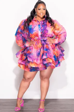 Secure Cuff Design Final Sale Plus Size Chiffon Button Up Belted Tier A-Line Dress in Fuchsia Multi-Color Print