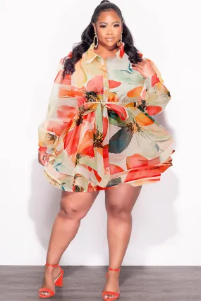 Final Sale Plus Size Chiffon Button Up Belted Tier A-Line Dress in Orange & Ivory Multi Color Print Chic Comfort Rubberized grip