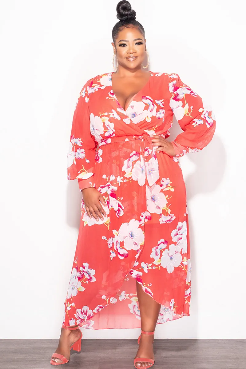 Final Sale Plus Size Chiffon Faux Wrap Dress in Salmon Floral Print Ultra Soft Blend Flexible Movement