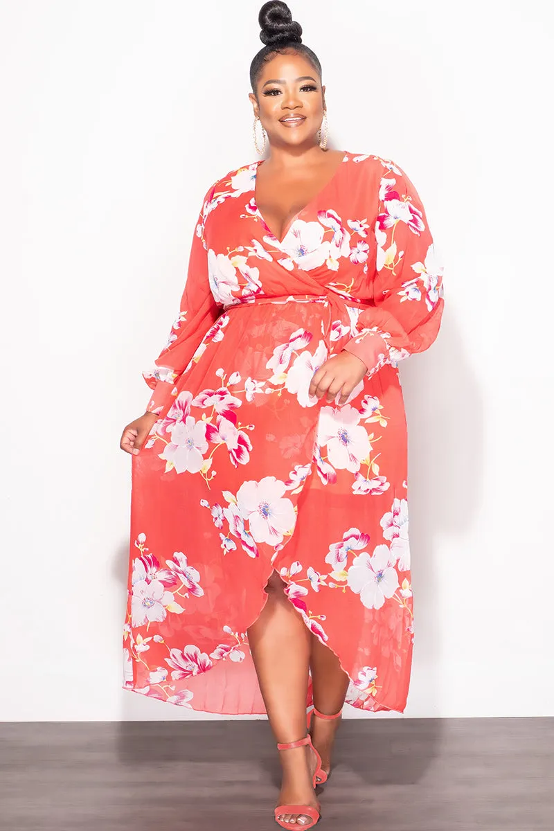 Light and Cozy Final Sale Plus Size Chiffon Faux Wrap Dress in Salmon Floral Print