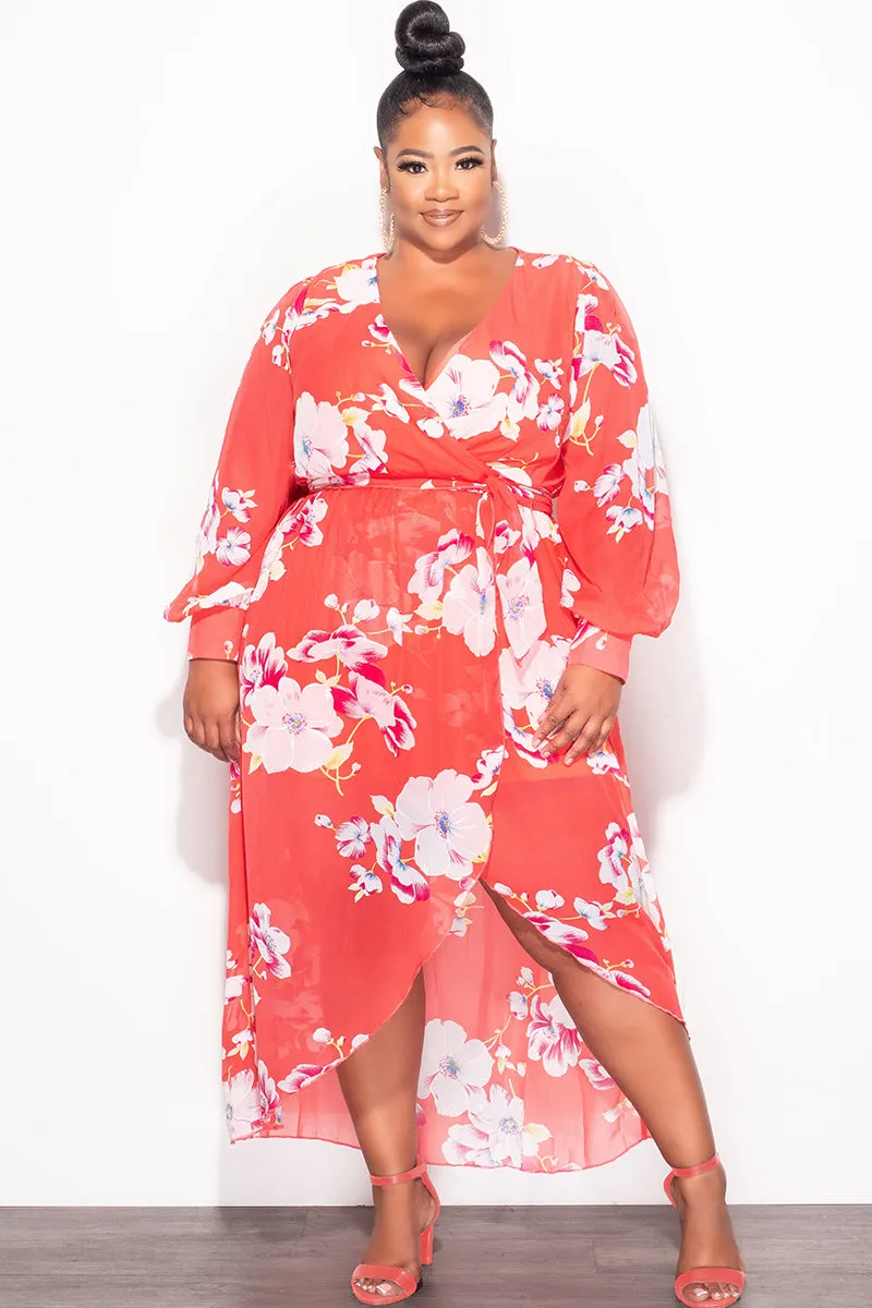 Stylish Layers Final Sale Plus Size Chiffon Faux Wrap Dress in Salmon Floral Print