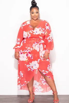 Stylish Layers Final Sale Plus Size Chiffon Faux Wrap Dress in Salmon Floral Print
