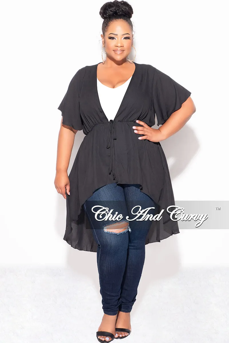Comfort Control Office Appropriate Final Sale Plus Size Chiffon High-Low Duster / Dress with Front Drawstring in Black