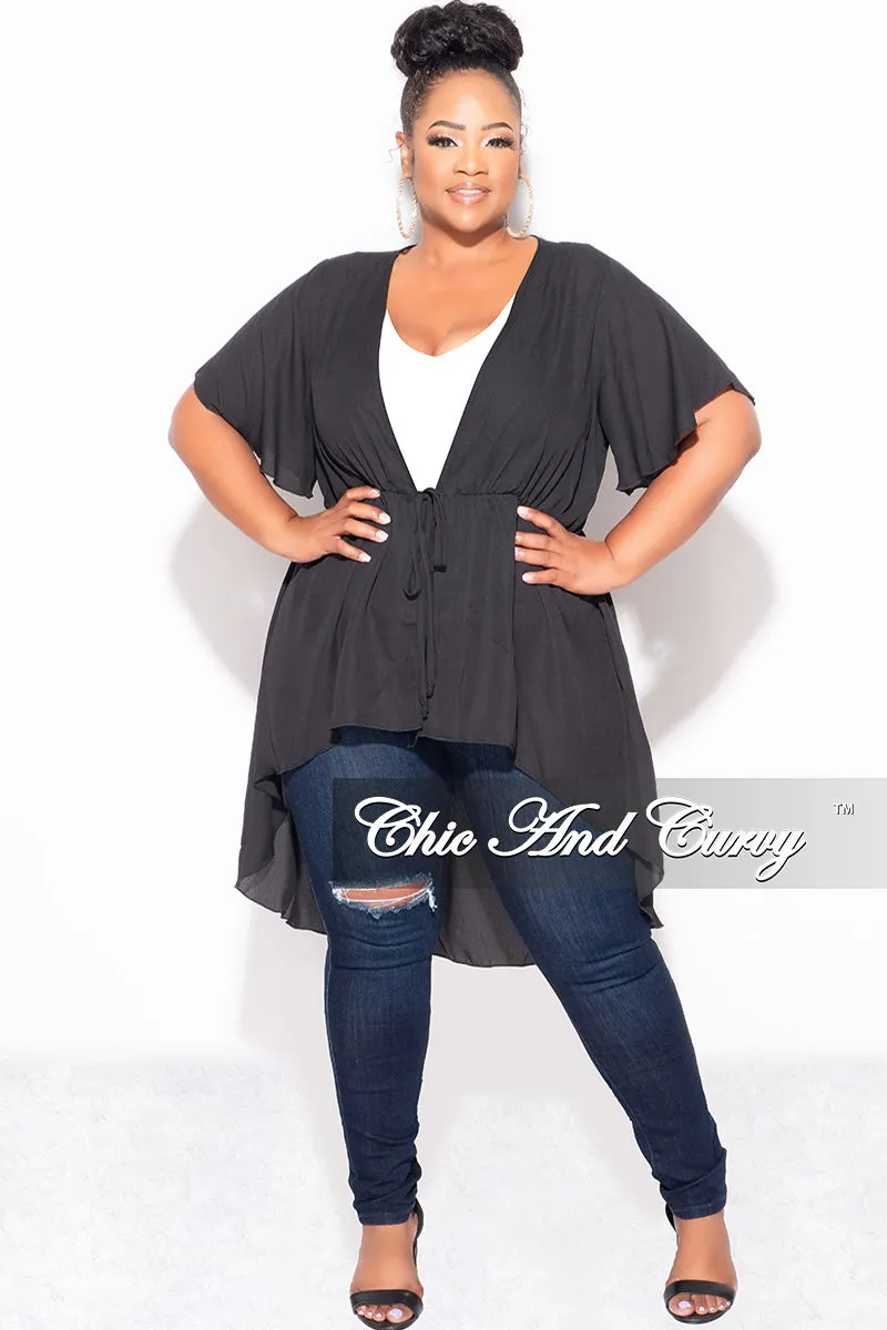 Feminine Fit Hiking Gear Final Sale Plus Size Chiffon High-Low Duster / Dress with Front Drawstring in Black