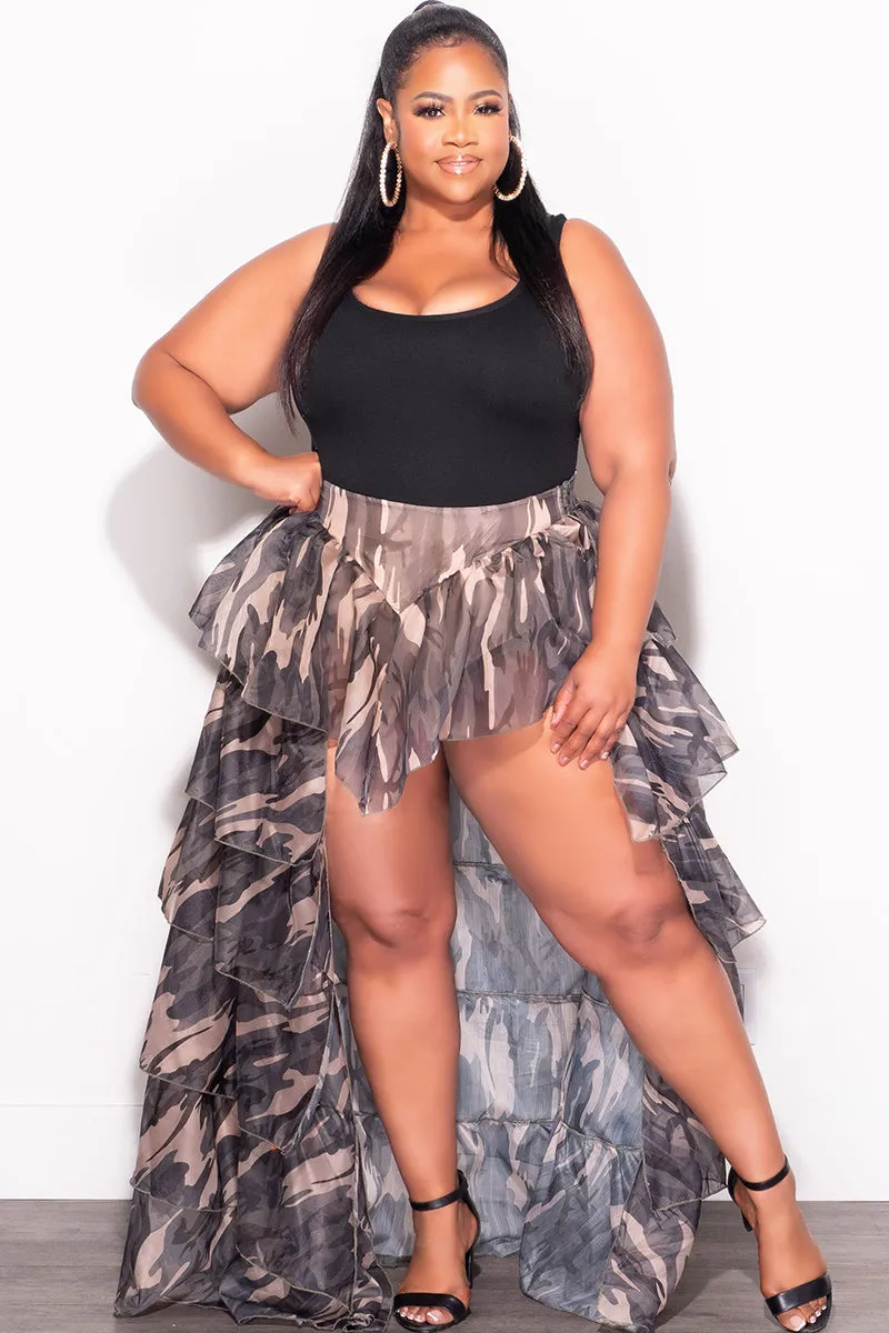 Stretch Ready Compact Packability Final Sale Plus Size Chiffon High/Low Ruffle Tiered Skirt in Camouflage Print