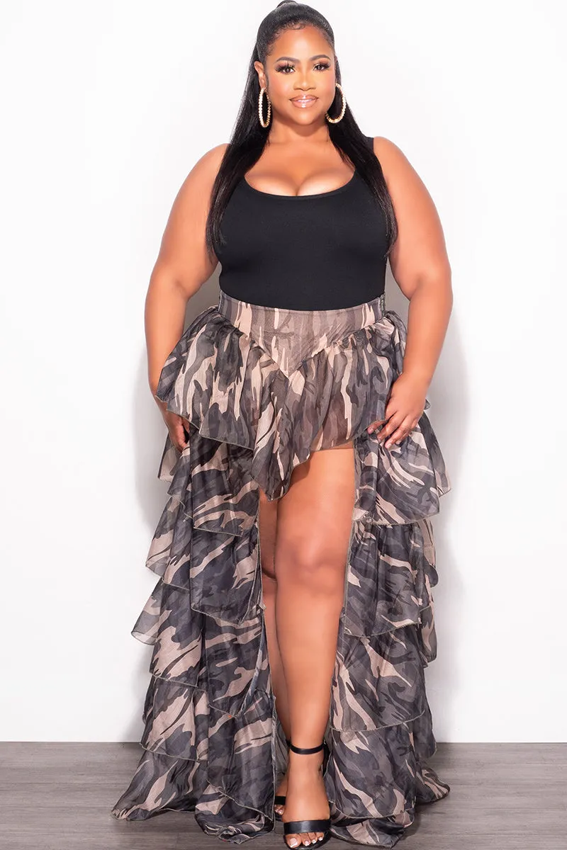 Final Sale Plus Size Chiffon High/Low Ruffle Tiered Skirt in Camouflage Print Supportive Waistband Chilly Day Comfort