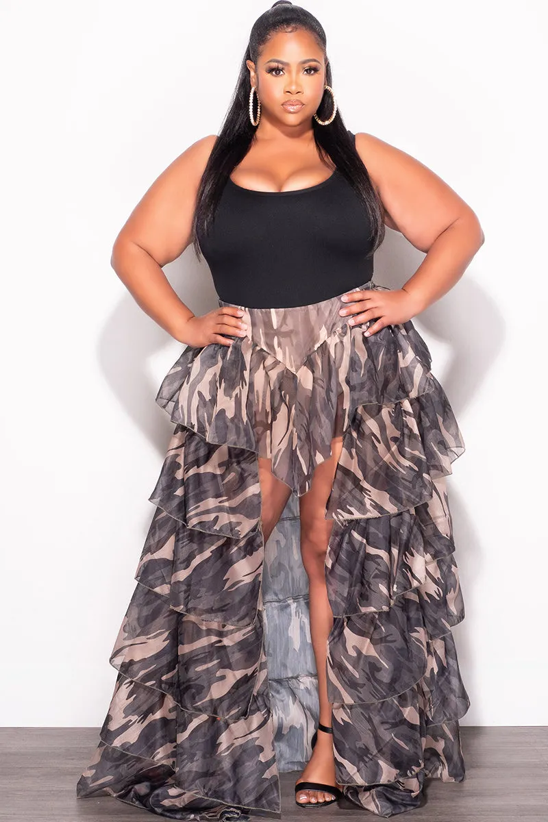 Final Sale Plus Size Chiffon High/Low Ruffle Tiered Skirt in Camouflage Print Weekend Adventure