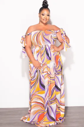 Final Sale Plus Size Chiffon Maxi Dress with Self Tie Shoulder Straps in Purple Multi Color Print Chilly Day Comfort HypoallergenicMaterial