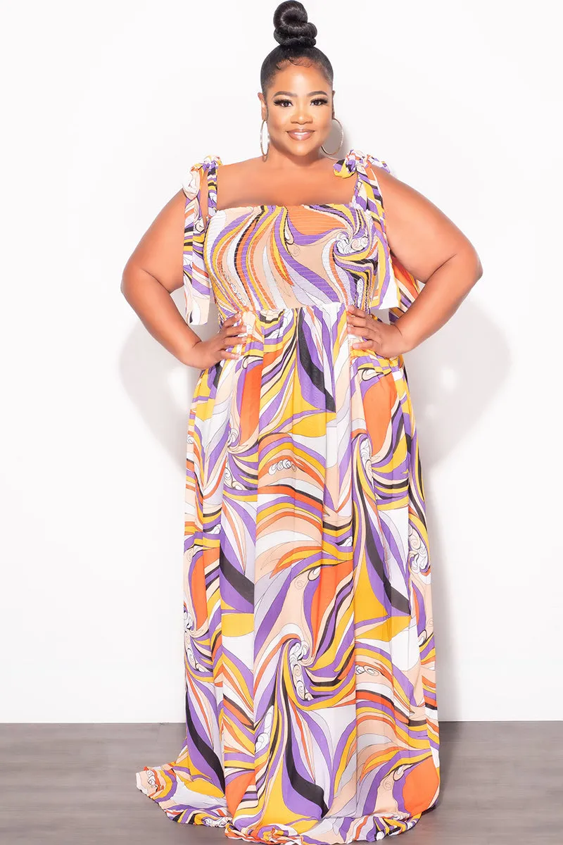 Trendy Cut Street Comfort Final Sale Plus Size Chiffon Maxi Dress with Self Tie Shoulder Straps in Purple Multi Color Print