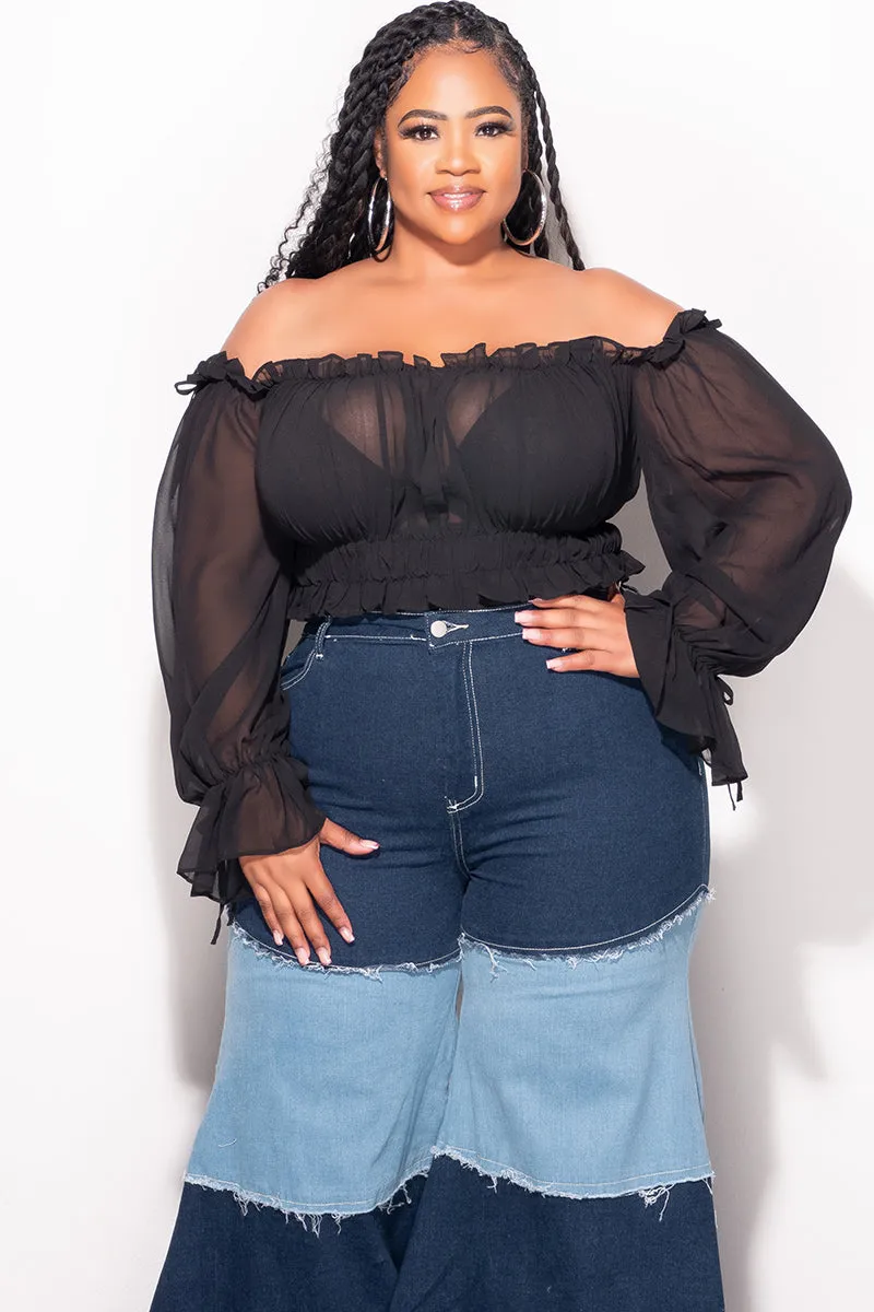 Comfy Wardrobe Classic Cut Final Sale Plus Size Chiffon Sheer Balloon Sleeve Crop Top in Black