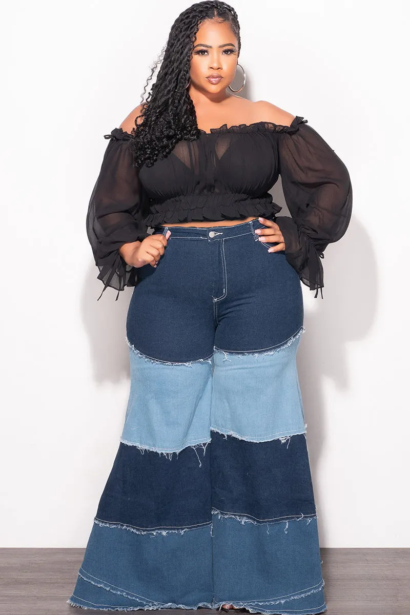 Final Sale Plus Size Chiffon Sheer Balloon Sleeve Crop Top in Black Everyday Ease