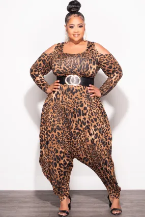 Utility Fit Barrel Waist Final Sale Plus Size Cold Shoulder Harem Jumpsuit in Animal Print