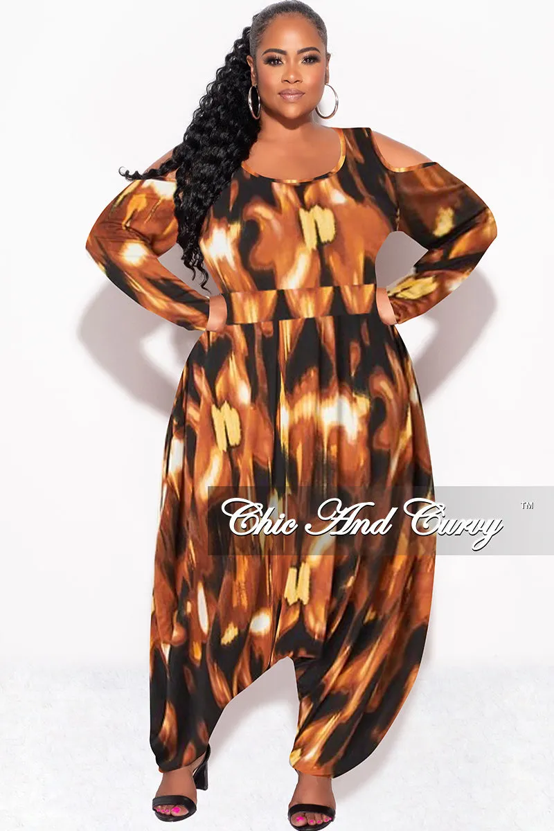 Final Sale Plus Size Cold Shoulder Harem Jumpsuit in Brown Multi-Print Stretch Panels Stylish Look