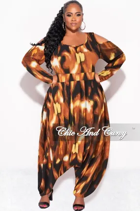 Minimal Cut Final Sale Plus Size Cold Shoulder Harem Jumpsuit in Brown Multi-Print