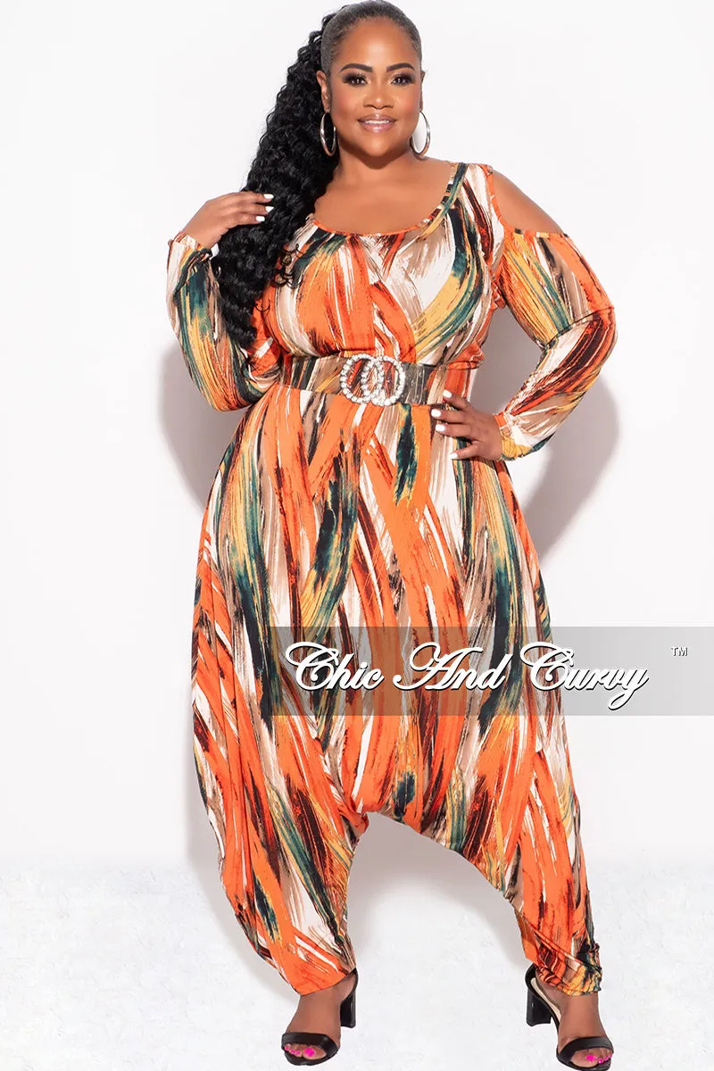 Final Sale Plus Size Cold Shoulder Harem Jumpsuit in Orange Multi-Print Flex Fit