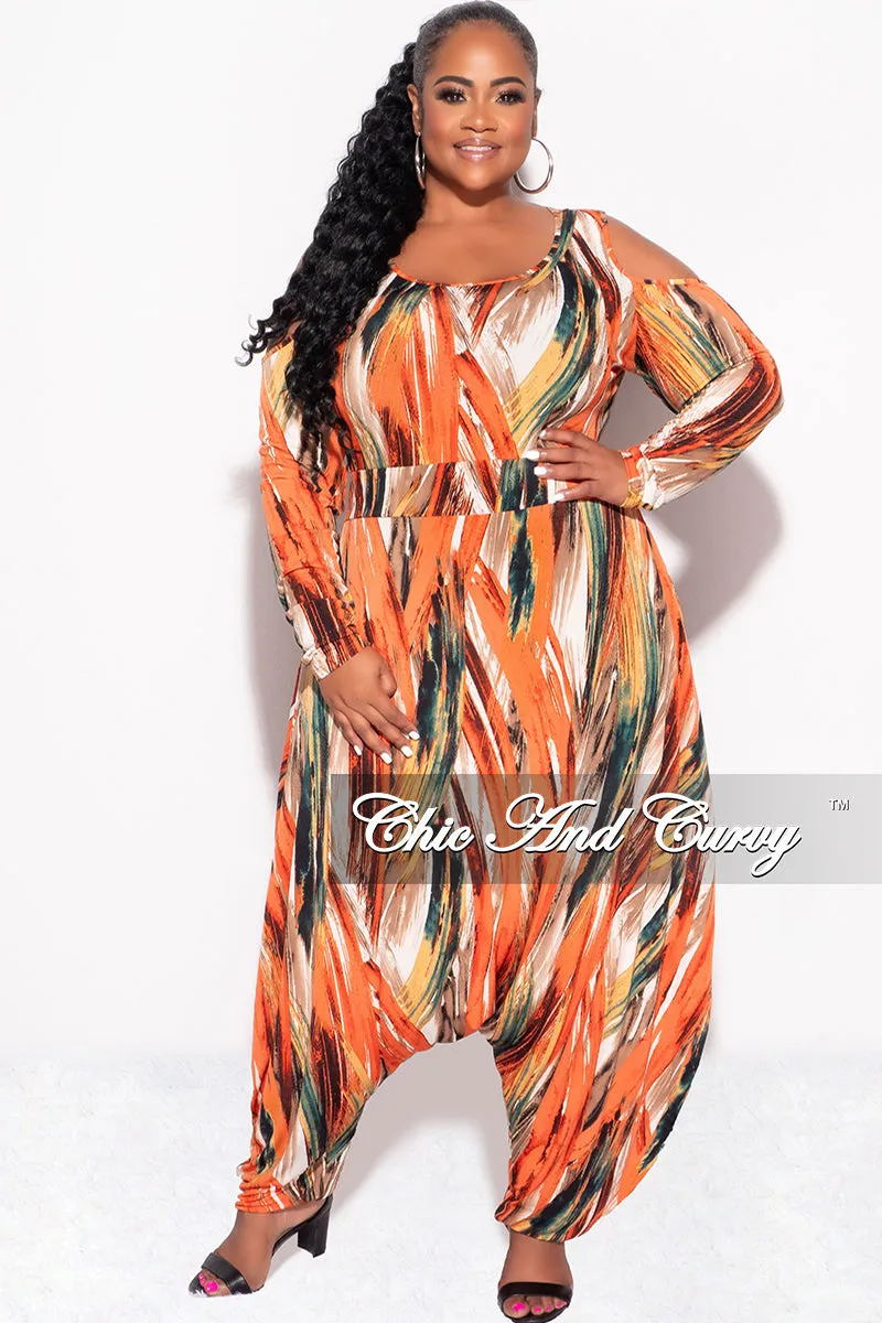 Final Sale Plus Size Cold Shoulder Harem Jumpsuit in Orange Multi-Print Cozy Comfort