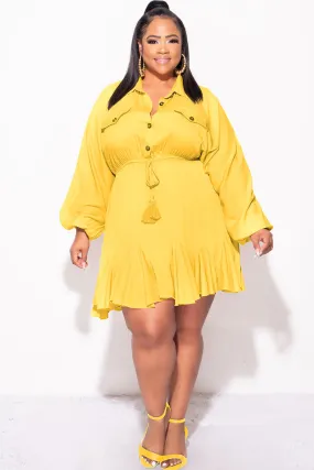 Final Sale Plus Size Collar Button Up Baby Doll Flare Dress in Mustard Professional Wear