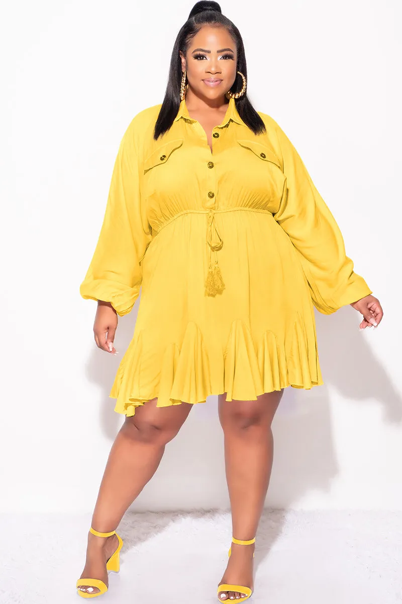Final Sale Plus Size Collar Button Up Baby Doll Flare Dress in Mustard Dynamic Fit Barrel Waist