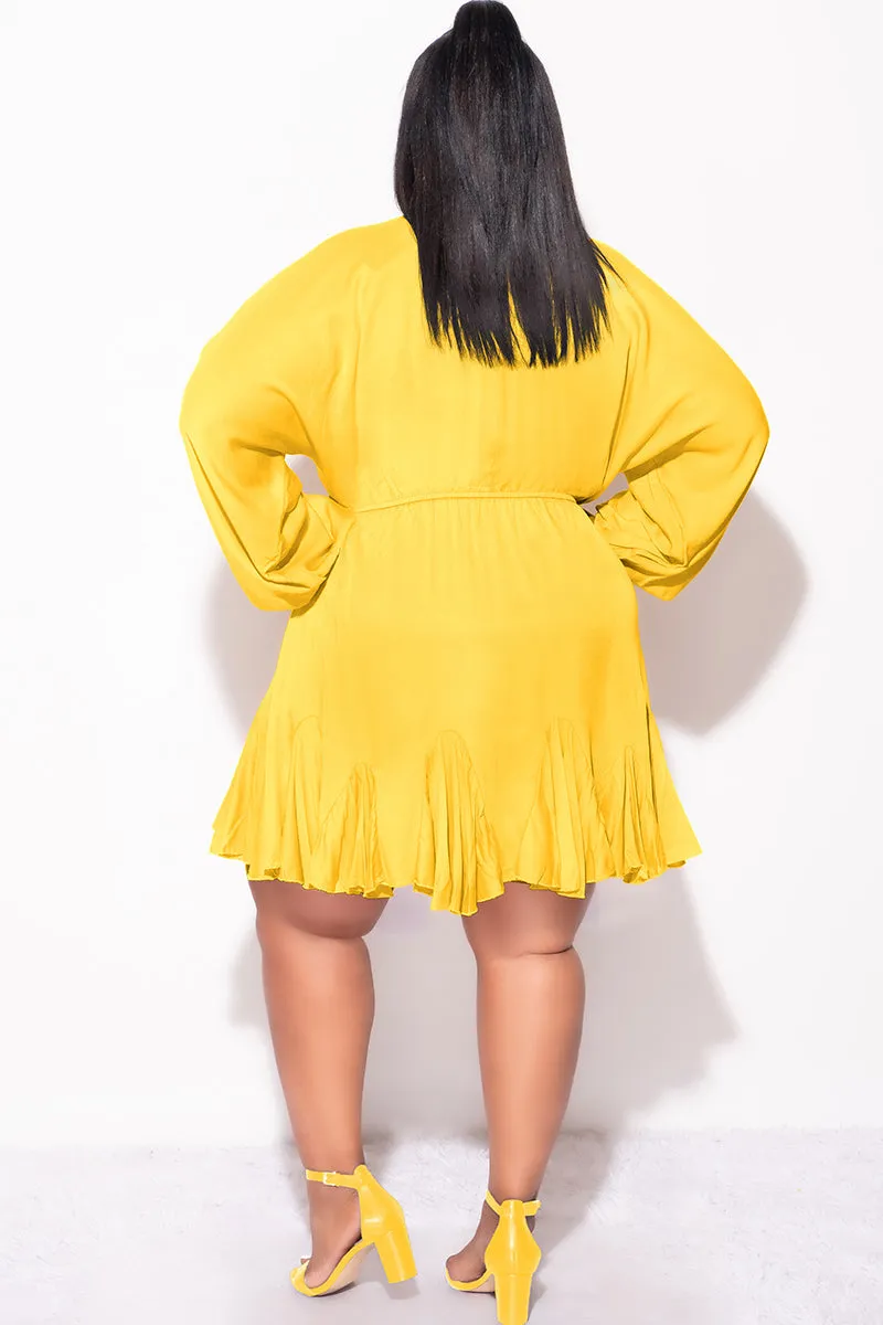 sporty wear Easy Travel Final Sale Plus Size Collar Button Up Baby Doll Flare Dress in Mustard