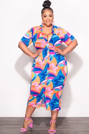 Final Sale Plus Size Collar Button Up BodyCon Dress In Multi Color "Mercy Me" Print Moisture wicking