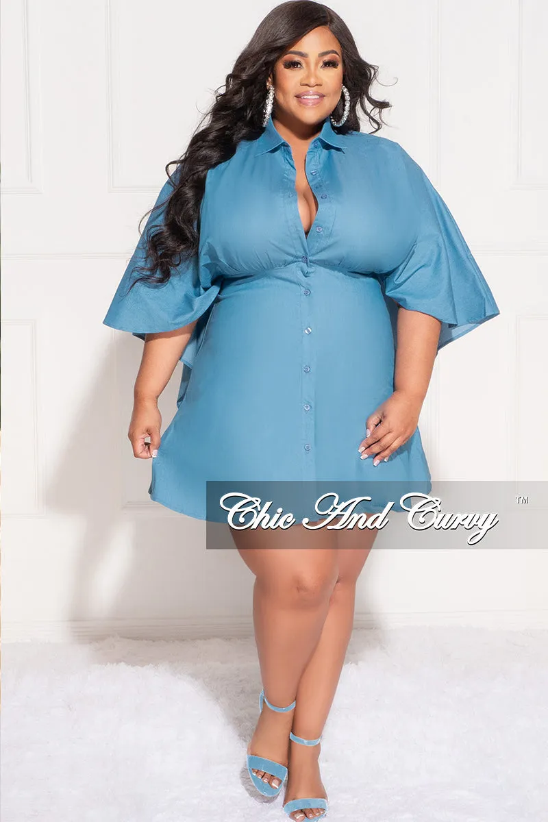 Light Reflective Details Final Sale Plus Size Collar Button Up Cap Sleeve Dress in Blue