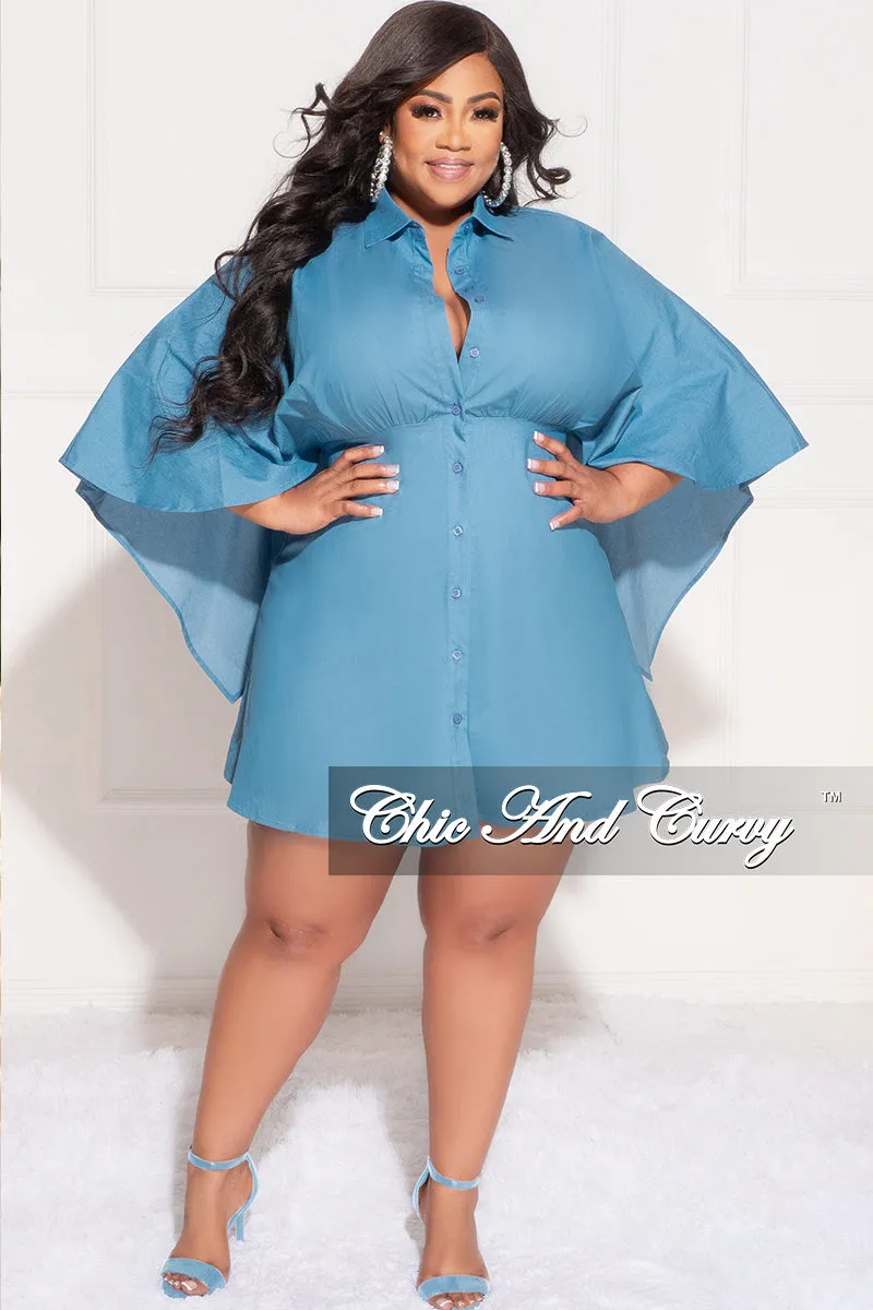 Anti Odor Treatment Stylish Waistband Final Sale Plus Size Collar Button Up Cap Sleeve Dress in Blue