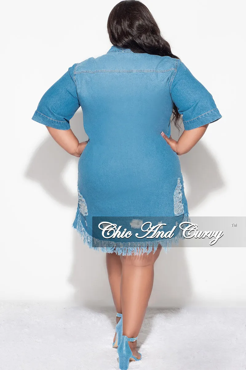 Final Sale Plus Size Collar Button Up Denim Distressed Dress in Light Denim Sporty Look