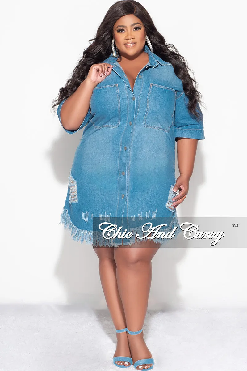 Final Sale Plus Size Collar Button Up Denim Distressed Dress in Light Denim Cozy And Stylish Thermal regulation