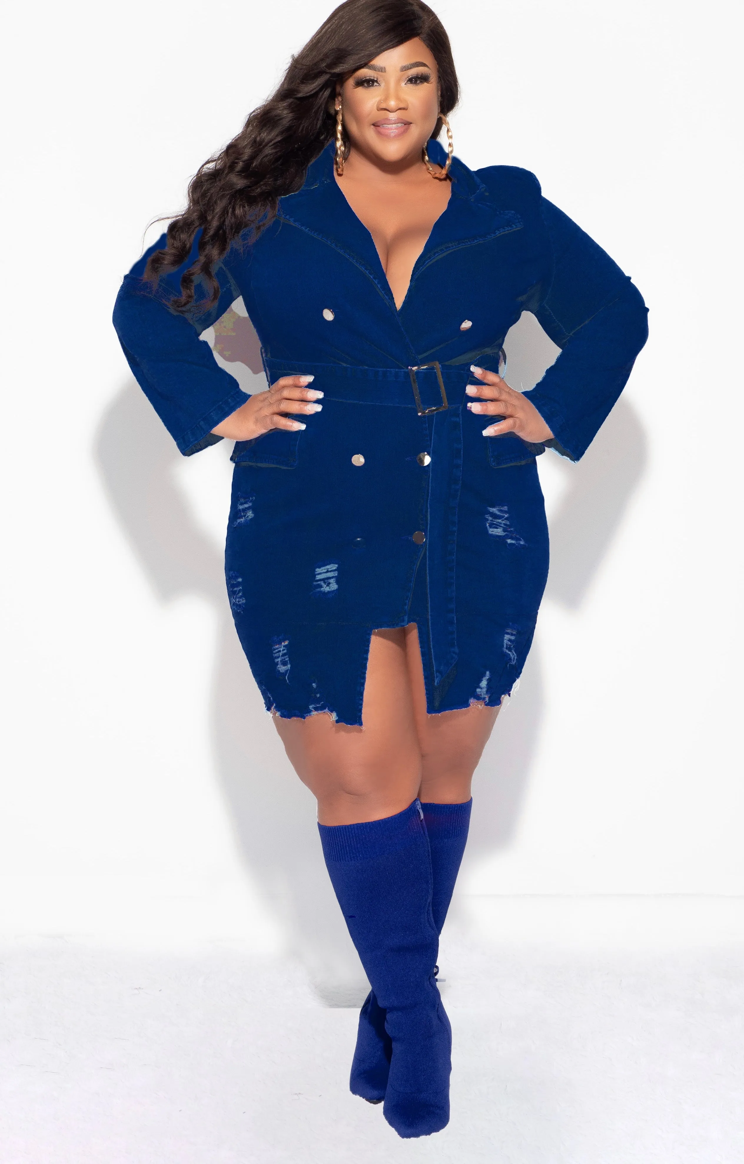 Final Sale Plus Size Collar Button Up Distress Denim Dress in Dark Denim Layer-Friendly Fit QuickReleaseBuckle