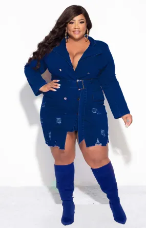 Final Sale Plus Size Collar Button Up Distress Denim Dress in Dark Denim EasyCareFabric