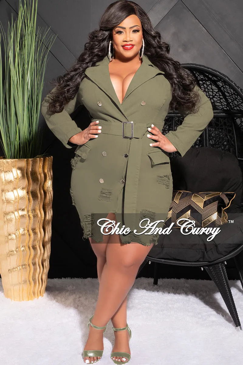 Clean Cut Warm Fit Final Sale Plus Size Collar Button Up Distress Denim Dress in Olive