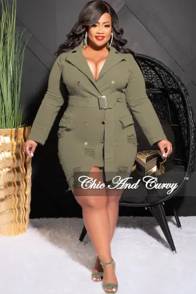 Final Sale Plus Size Collar Button Up Distress Denim Dress in Olive StainResistantCoating