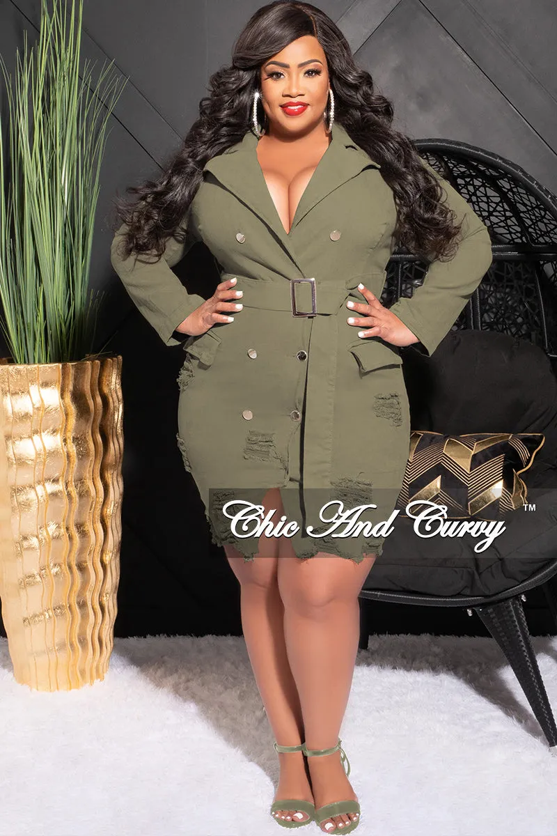 Final Sale Plus Size Collar Button Up Distress Denim Dress in Olive Comfort waistband Smart Stretch