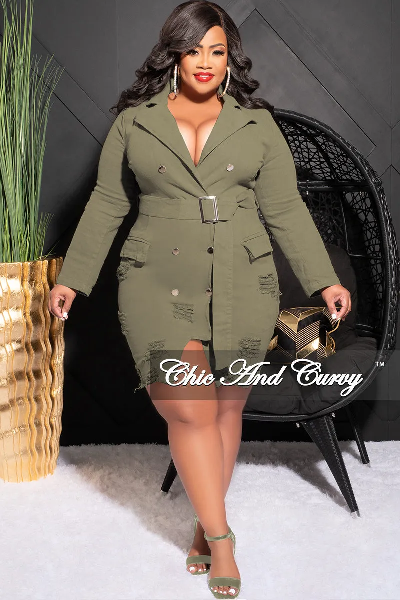Final Sale Plus Size Collar Button Up Distress Denim Dress in Olive StainResistantCoating