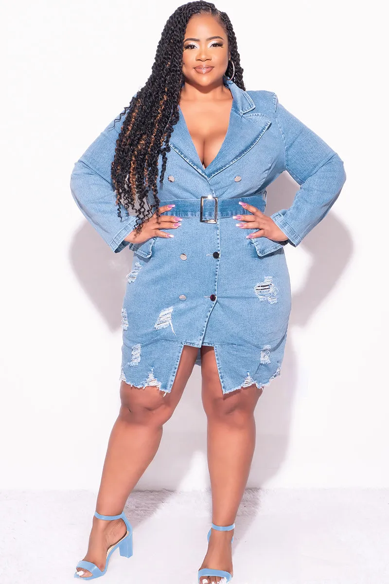 Final Sale Plus Size Collar Button Up Distress Dress in Light Denim Freedom Motion FourWayStretch
