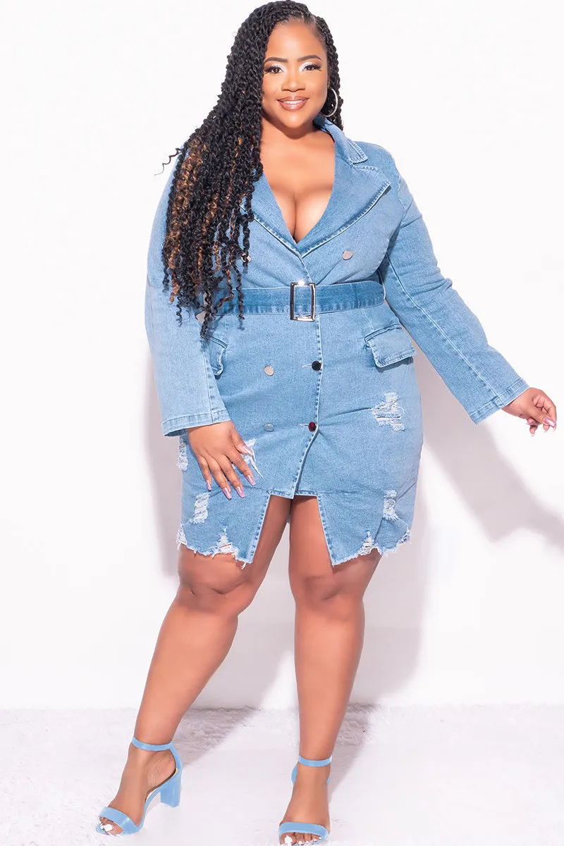 Quick Move Final Sale Plus Size Collar Button Up Distress Dress in Light Denim