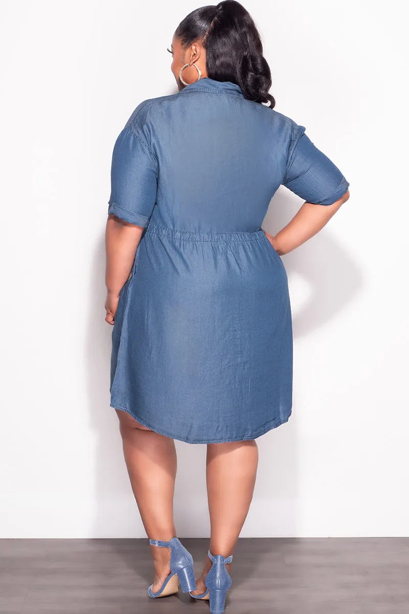 Weekend Style ThermalRegulatingLining Final Sale Plus Size Collar Button Up Drawstring Dress in Chambray Denim