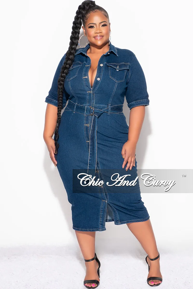 Final Sale Plus Size Collar Button Up Dress with Front Slit in Dark Denim Water-resistant Outdoor Use
