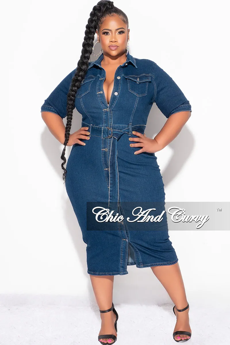 Final Sale Plus Size Collar Button Up Dress with Front Slit in Dark Denim Chilly Layering Utility Pockets
